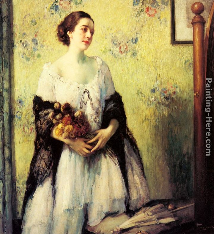 Fernand Toussaint A Young Woman holding a Bouquet of Summer Flowers